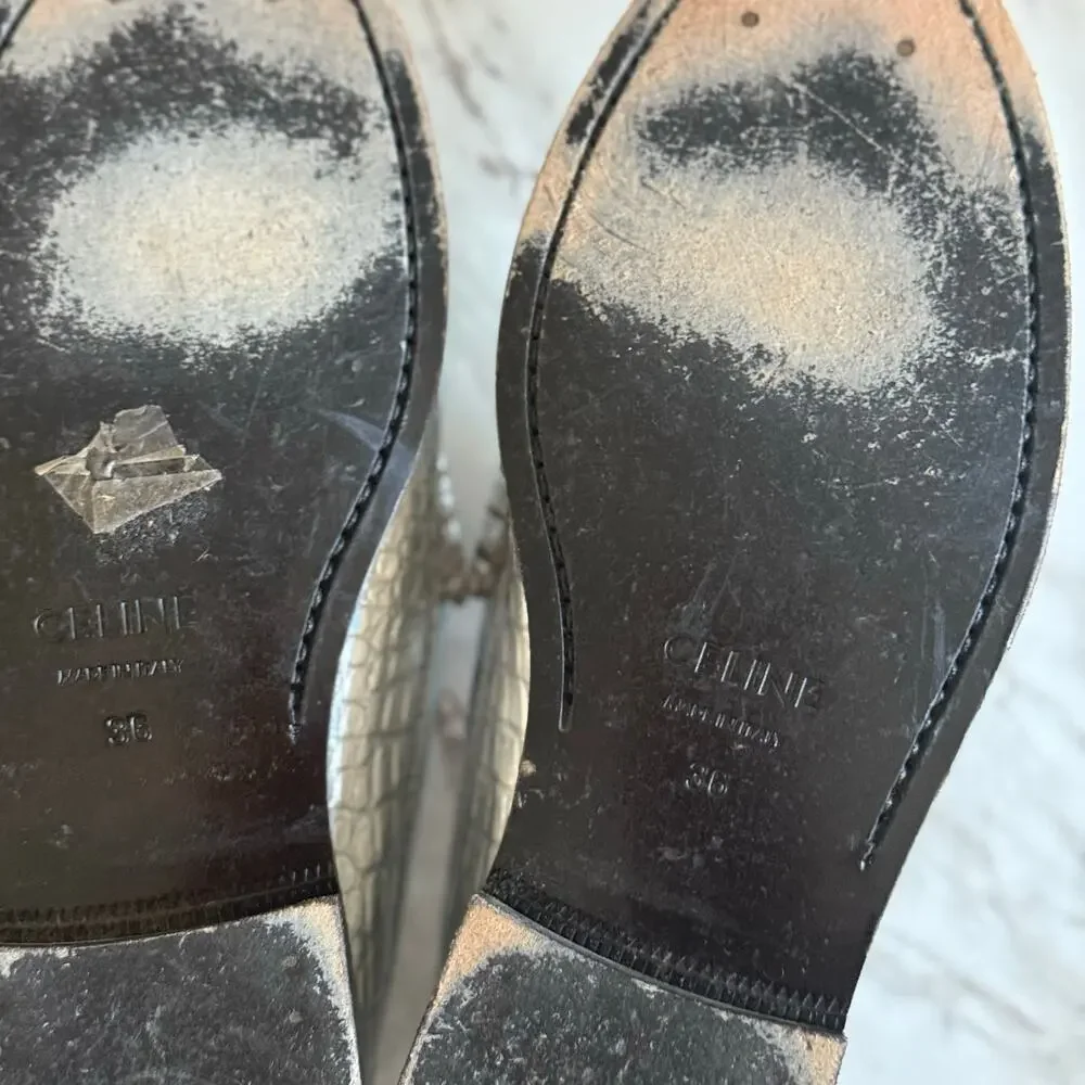 Celine X Hedi Slimane Luco Croc Embossed Leather Loafers Moccasin Silver